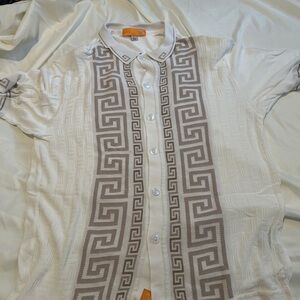 Men's White and Brown Patterned Shirt
